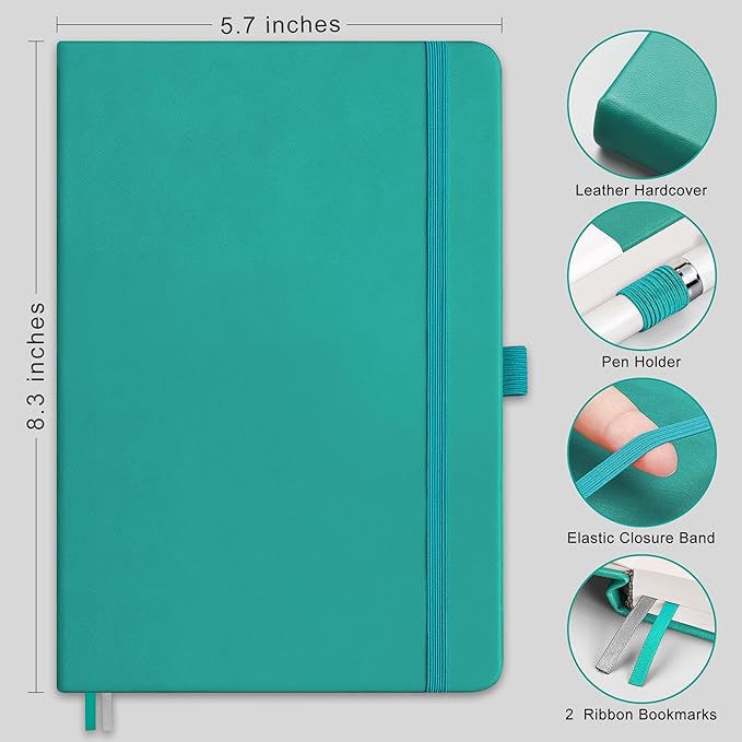 RETTACY Bullet Dotted Journal Notebook, 256 Pages, A5 Medium Size (5.7'' × 8.3''), Leather Hardcover, 120 GSM Thick Paper, for Bullet Journaling, Planning, Tracking (Cyan)
