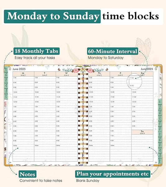 2025-2026 Appointment Book, Academic Planner 18 Months Weekly and Monthly (July 2025 - December 2026), 8.5"x11" Daily Hourly Planner 60-Minute time Slots, Spiral Calendar Schedule Book for Work School Teacher Student, Purple Floral