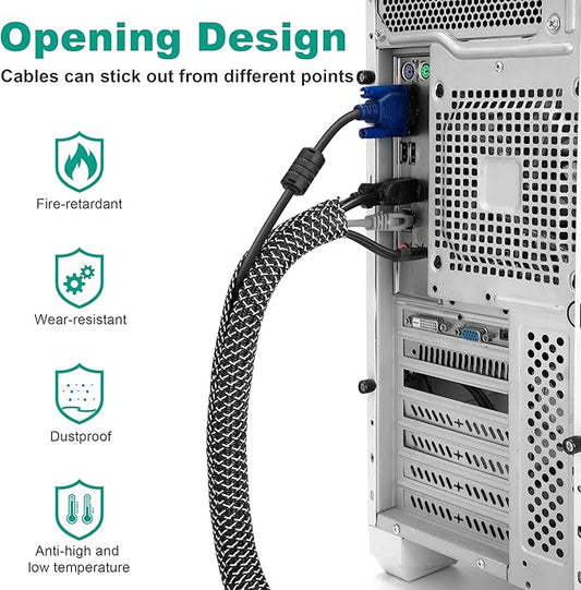 ZhiYo 6.6ft - 1 inch Cable Sleeve, Cord Wrap Wire Protector Tubing for Pets, PC Cable Wrap, Computer Cable Management Sleeve - Black - White