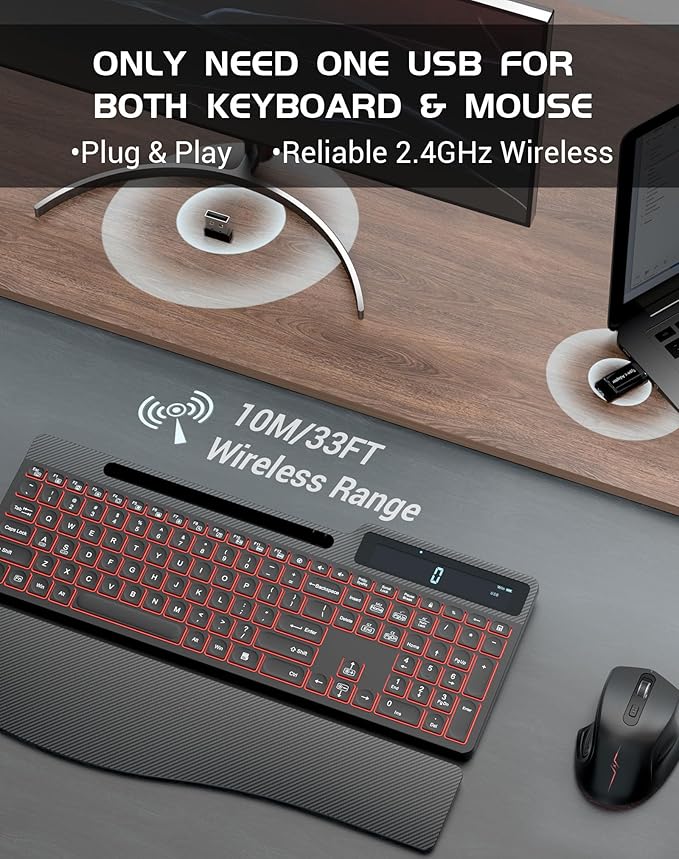 Wireless Keyboard Mouse Combo, Full Size Ergonomic Keyboard with Backlit, Wrist Rest, Calculator, Phone Holder, 2.4Ghz Silent Cordless Rechargeable Keyboard & Mouse for Laptop, PC, Windows, Mac OS