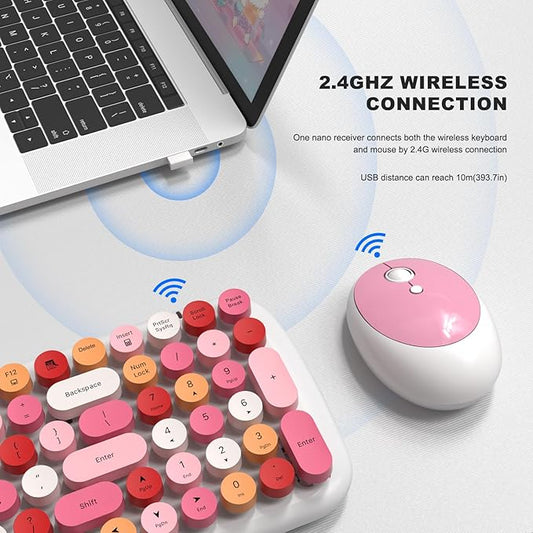 Wireless Keyboard and Mouse Combo, MOWUX - Modern Compact Layout, Colorful Compact Candy Mouse and Retro Round Keyboard Set with Cover, for PC/Laptop/Windows/Mac - White Pink Colorful