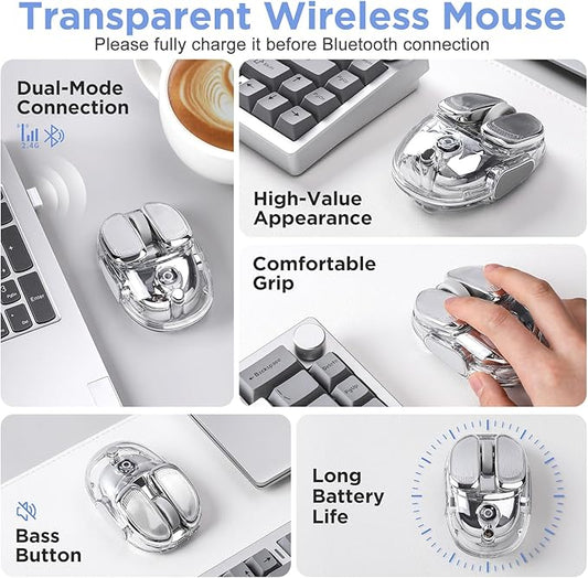 Q9 Wireless Mouse, 2.4G/BT Dual Mode, 4 Adjustable DPI (800-4800), Ultra-Quiet Click, Bluetooth Mouse with RGB Breathing Light, 500mAh Long Battery, Portable for PC/Laptop/Mac/Tablet(Silver)