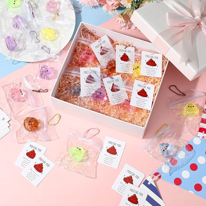 Wettarn 24 Sets Poop Gifts Inspirational Stress Balls with Support Card Positive Stress Relief Prank Colorful Poop Ball Appreciation Gifts for Teacher Employee Coworkers