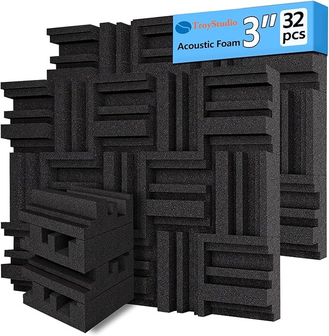 TroyStudio Thickened 12 X 12 X 3 Inch Acoustic Foam Panels in Diffusion Pattern, 32 Pcs High Density Sound Absorbing Foam Diffuser, Soundproof 3D Wall Padding Tiles for Recording Studio Home Office