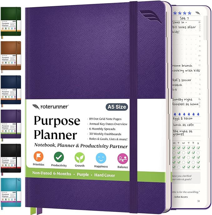 Roterunner Purpose Planner Notebook A5 5.8”x8.3” Undated 2025 Daily Weekly and Monthly Productivity Goal Setting Tool for Work Home ADHD Planner for Adults Self Care Journal (Purple Hardcover)