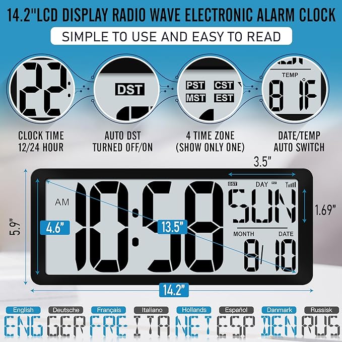 (4.6" Numbers 15 Inch Large Digital Wall Clock Battery Operated-Never Needs Setting!-Easy to Read Numbers-Easy Set-Up Auto DST