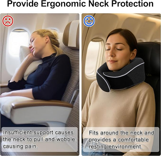 VOCOSTE Neck Pillow for Airplane Travel, Ergonomic Memory Foam Support for Long Flights, with Eye Mask & Earplugs, Home & Office Nap, Gifts for Frequent Flyer, Deep Gray