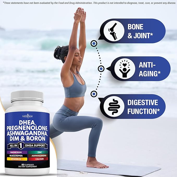 NEW AGE DHEA Supplement - Pregnenolone for Men & Women with DIM, Ashwagandha, Boron, Calcium, Magnesium, Zinc, Vitamin D3 5000iu - Support Capsules - 180 Count