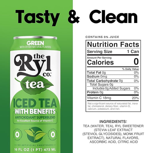 Ryl Iced Tea, Green, Antioxidant Superblend, Zero Sugar, Low Carb, Zero Calorie Iced Tea, 16.0 Fl Oz (12-Pack)
