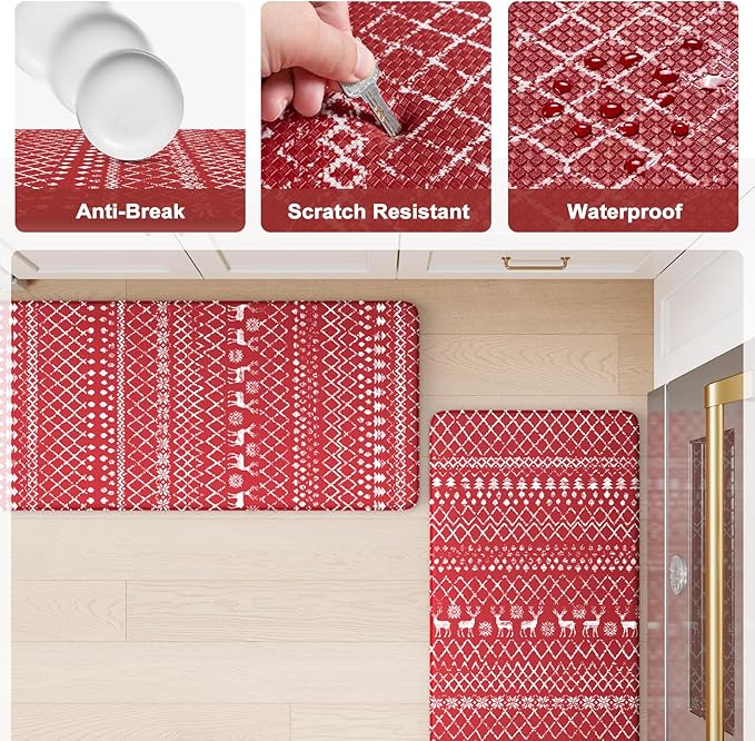 KIMODE Christmas Kitchen Rugs Sets of 2, Anti Fatigue Mats for Kitchen Floor, Farmhouse Red Christmas Kitchen Decor, Cushioned Kitchen Floor Mats Non Slip for Sink Laundry Desk 17"x47"+17"x29"
