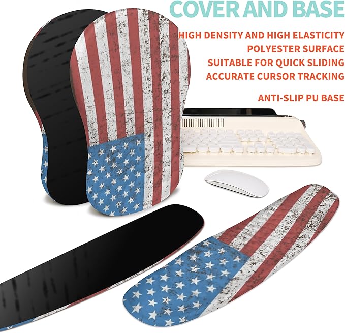 2-in-1 Ergonomic Set, Wave Rise Keyboard Wrist Rest and Massage Bulge Slope Mouse Pad Wrist Support, Cushion Memory Foam Integrated to Relieve Wrist Pain, American Flag