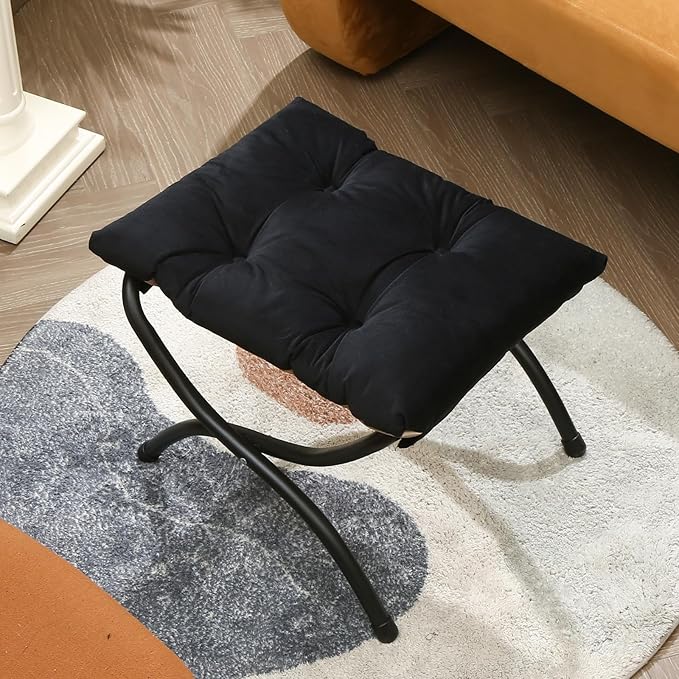 15" Foldable Foot Stool Ottoman with Metal Frame - Washable Black Upholstered Indoor/Outdoor Footrest for Living Room, Bedroom, Patio - Space-Saving Compact Design