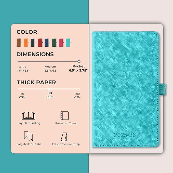 Weekly Monthly 2025-2026 Planner (July 25-Dec 26),6.5"x3.75",18 Months Agenda Plan with Month Tabs & Pocket,Expenses/Note Pages, Academic Calendar with Vegan Leather Cover,Light Blue