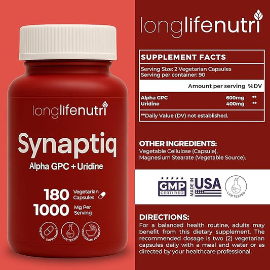Synaptiq 1000mg (Alpha GPC + Uridine Monophosphate 600mg/400mg) - Nootropic Choline Supplement, 180 Vegetarian Capsules, 3-Month Supply, For Focus & Productivity, GMP Certified, Made in USA