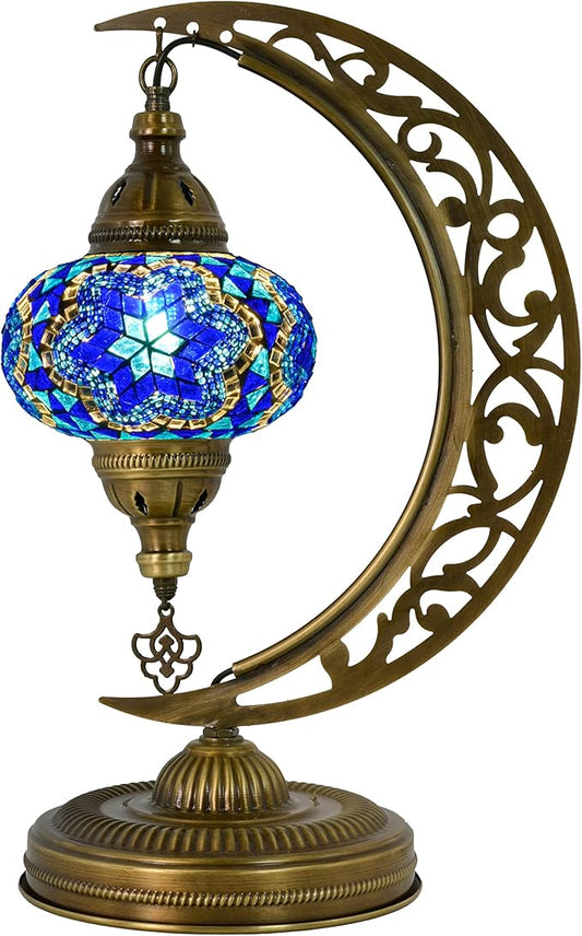 mozaist Moroccan Mosaic Crescent Shape Table Lamp, Turkish Moon Tiffany Style Handmade Desk Dim Light, Farmhouse Living Room Luna Lighting, Unique Turkish Gift with E12 Socket & US Plug (Sea Blue)