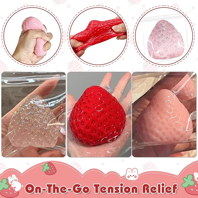 3Pcs Big Strawberry Taba Squishy Toy, Cute Strawberry Sticky Taba Squishy, Squeeze Toys for Stress Relief and Anxiety Relaxing, Decompression Toys, Gifts & Perfect Desk Accessory for Kids/Adult