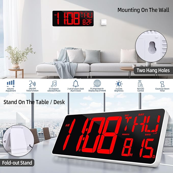 TXL 13.7 Inch Large Digital Wall Clock with Remote Control,LED Desk Clock Digital with DST/Calendar/Temperature/Timer Function, Auto Dimmer, Large Display for Classroom/Office (Red)