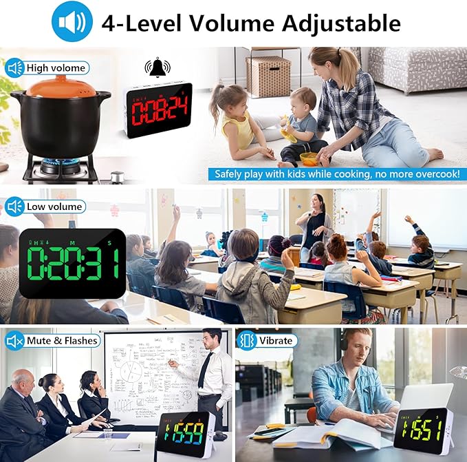 (2 Packs) Rechargeable Timers,Digital Kitchen Timer with 10 Dynamic RGB Color, Magnetic Classroom Timer with Countdown/up with 5”LED Display 3 Brightness 4 Volume Adjustable
