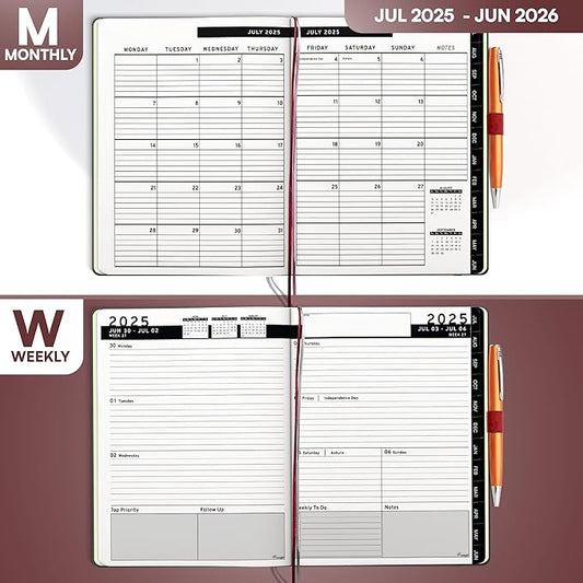 Ensight 2025-2026 HARDCOVER Leather Planner Weekly & Monthly - 6.5x8.5 Inches - Academic Planner Business Personal or Student - Pen Holder, Thick Paper, July 2025 - June 2026 (Red)