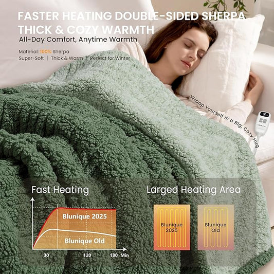 Electric Heated Blanket Queen 84x90 inches, Fast Heating w/ 10 Heat Settings & 2/4/8/10H Auto Timer, Double-Sided Sherpa, Ultra Soft & Cozy for Couch, Bed, Office, Machine Washable