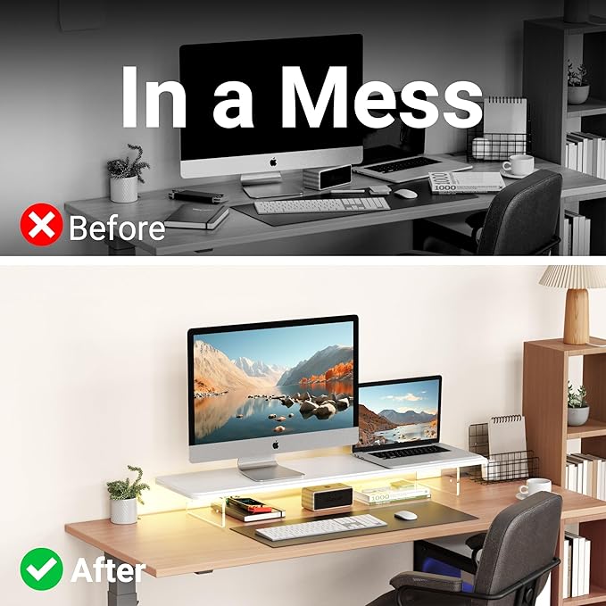 Monitor Stand Riser,31.5-Inch LED Light Wood Computer Monitor Stand with Adjustable Acrylic Legs,Desk Accessories Desktop Organizer Stand for Computer,Laptop,Printer,PC TV Screen Riser,White