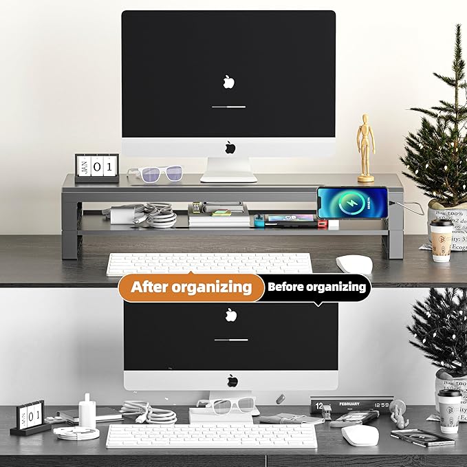 2-Tier Metal Computer monitor stand Laptop Desk Shelf & Monitor Riser ,27.55 inches long desk riser Monitors/PC/Laptop/Computer Space Saver Organizer (Basic Version, Two-layer 700mm)