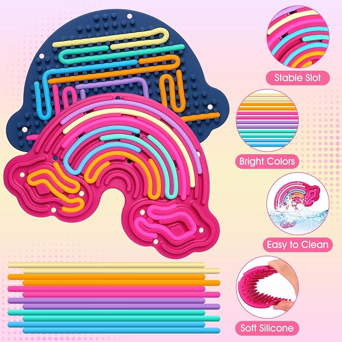 2 Pack Sensory Activity Board Silicone Fidget Toy, Double-Sided Rainbow Sensory Toys for Autism, Stress, Anxiety, ADHD, Kids 3+& Adults, Includes Travel Bag & 24 Strings, Red & Dark Blue