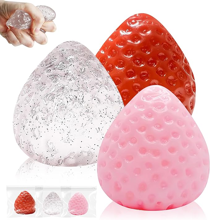 3Pcs Big Strawberry Taba Squishy Toy, Cute Strawberry Sticky Taba Squishy, Squeeze Toys for Stress Relief and Anxiety Relaxing, Decompression Toys, Gifts & Perfect Desk Accessory for Kids/Adult