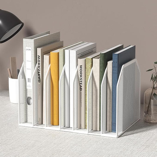 Metal 7 Section File Folder Organizer for Desk | Vertical Office File Holder | Heavy-Duty Mesh Document Sorter for Books, Binders, Laptops | White Desk Organizer (12.8βx8.5βx7.9β)