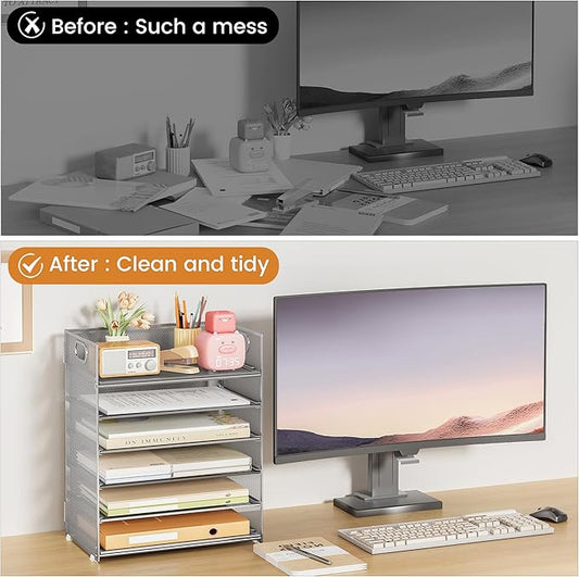 Subekyu 6-Tier Desk Paper Organizer, Desktop File Letter Tray with Handle, Document Sorter and Accessories Holder for Office, Home and School Workspace Organizers, Silver - 2 Pack