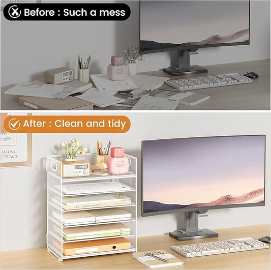 Subekyu 6-Tier Desk Paper Organizer, Desktop File Letter Tray with Handle, Document Sorter and Accessories Holder for Office, Home and School Workspace Organizers, White - 2 Pack