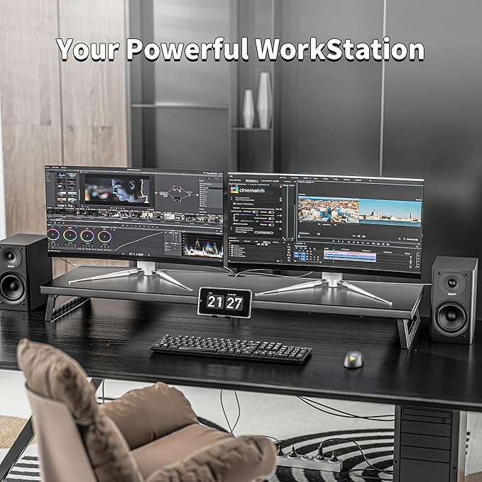 All-Metal Foldable Monitor Stand with 28cm Wide Desktop,, Headphone & Mic Jack, Detachable Phone Holder, (Basic Version, 760mm)