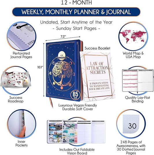 Law of Attraction Planner – Undated Hourly, Weekly & Monthly Goal Setting Planner, 12-Month to Increase Productivity | Life & Gratitude Journal, Include Foldable Vision Board, Gift Box & Stickers