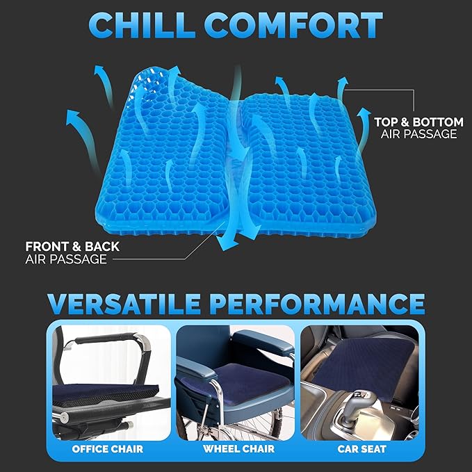 Gel Seat Cushions for Long Sitting- Extra Large & Ultra Thick(2 Inch) Orthopedic Chair Pad for Pressure Relief, Sciatica & Back Pain – Non-Slip, Cooling, Portable for Office, Car, Truck, Wheelchair