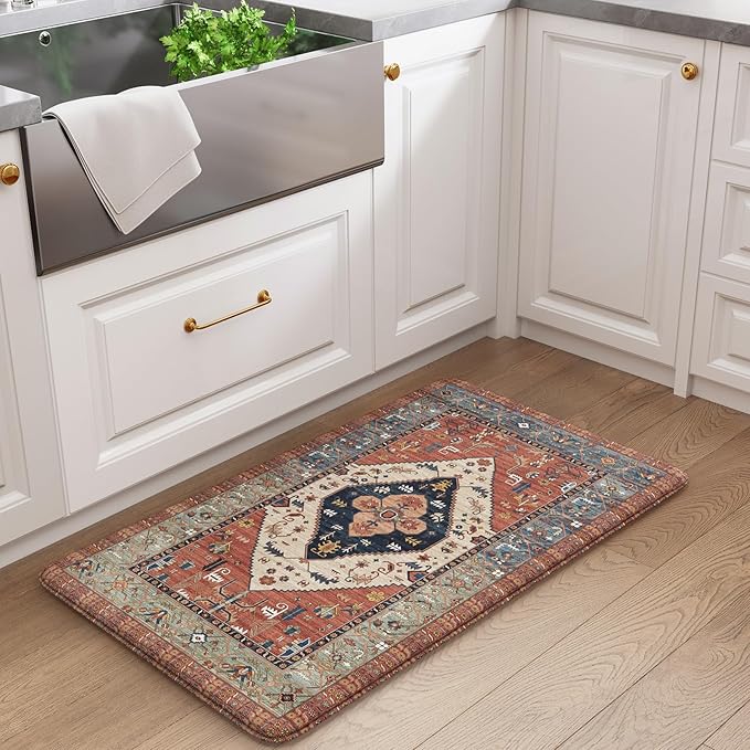 KIMODE Anti Fatigue Kitchen Mat, Boho Distressed Kitchen Rug 20"x32", Non Slip Waterproof Kitchen Floor Mat, Comfort Foam Mat for Kitchen Floor, Sink, Laundry, Office, Desk Red Floral