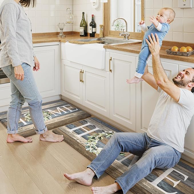 KIMODE Anti Fatigue Mats for Kitchen Floor,Comfort Cushioned Rugs Sets of 2,Wide Farmhouse Memory Foam Carpet Non Slip for Laundry Sink Office Bathroom,Blue 20"x47"+20"x32"