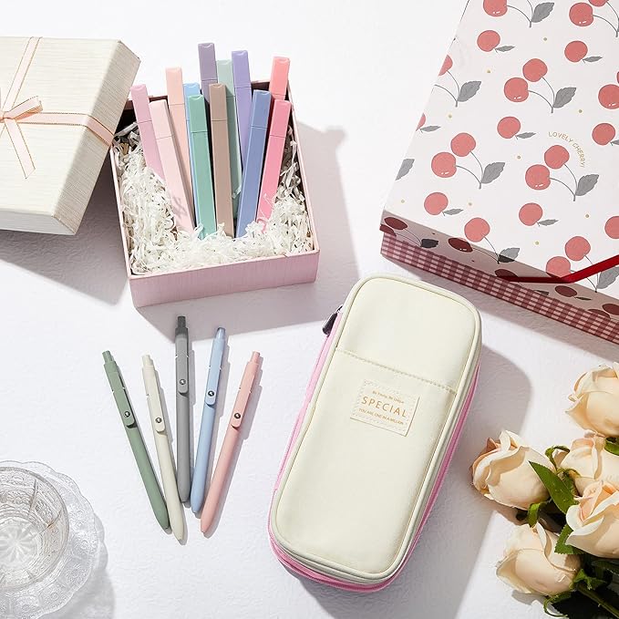 Henoyso 18 Set Aesthetic School Supplies Include Big Capacity Study Pen Bag with Zipper 12 Pcs Chisel Tip Bible Highlighters 5 Pcs Quick Dry Retractable Black Ink Pens for Student Office(Pink)