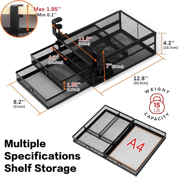 ROSLINE Under Desk & Desktop Drawer Organizer - 2-Tier Metal Slide Out Drawers Organizer, Storage for Home Office Desk (Black)