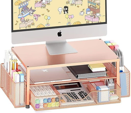 Desk Organizers and Accessories, 2-Tier Computer Monitor Stand with Drawer and 2 Pen Holders, Laptop Stand, Office Desk Accessories for Office Supplies, Rose Gold