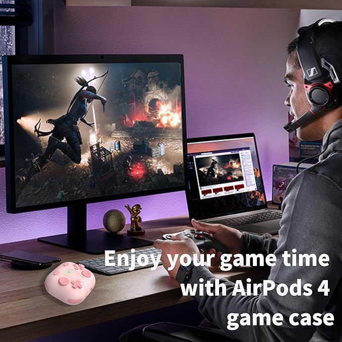 DamonLight Game Case for AirPods 4 Cover Shock-Proof Protective Silicone Case with Cleaning Pen and Keychain Accessories for Apple Airpods 4th Generation (Pink)