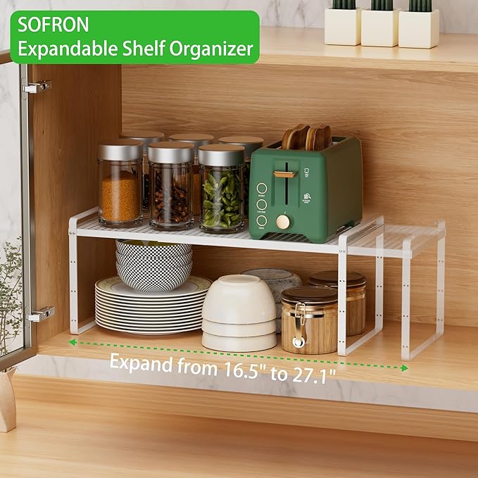 Expandable Cabinet Storage Shelf Stackable Organizer Rack for Kitchen Bathroom Pantry Spice Cupboard Coffee Countertop Home Office Desk Heavy Duty Nonslip White Small 3 Packs