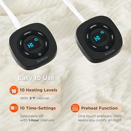 Bedsure GentleSoft Electric Blanket King Size - Soft Ribbed Flannel Heated Blanket with Dual Control, 10 Heat Settings, 10 Time Settings, 8 hrs Timer Auto Shut Off (90x100 inches, Coconut White)