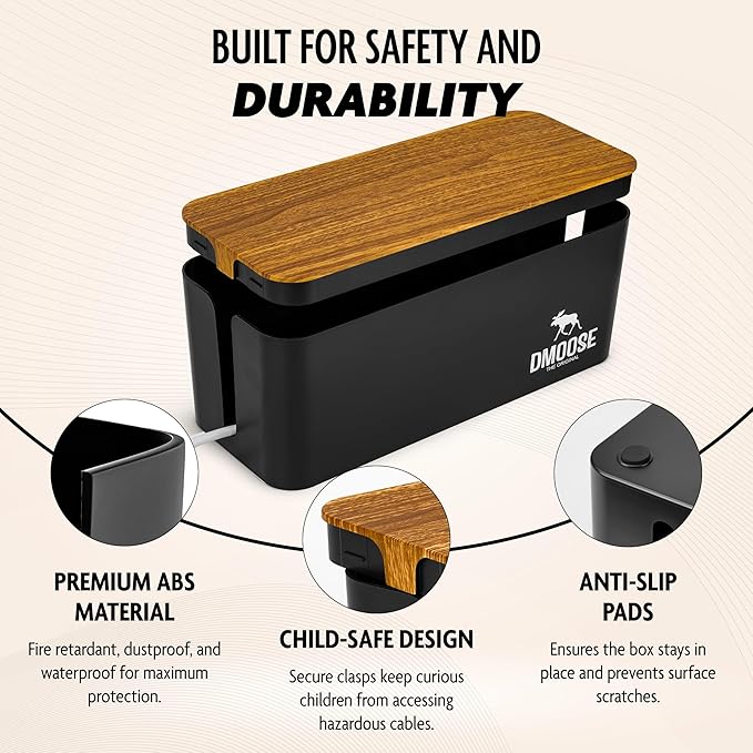 DMoose Cable Management Box - 2 Pack Medium & Large Cord Organizer for Desk & Floor, Cable Organizer Box for Child & Pet - Hider for Tidy Office & Home (Wood Print Lid, Black, Pack of 2)