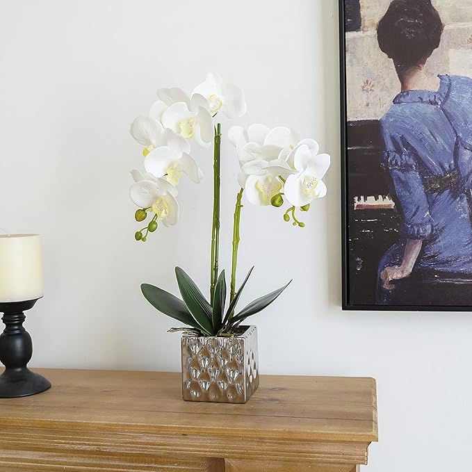 LISU Artificial Orchids, Silver Vases, Home Decoration Flower Arrangements, Fake Flowers in Vases. (C:White)
