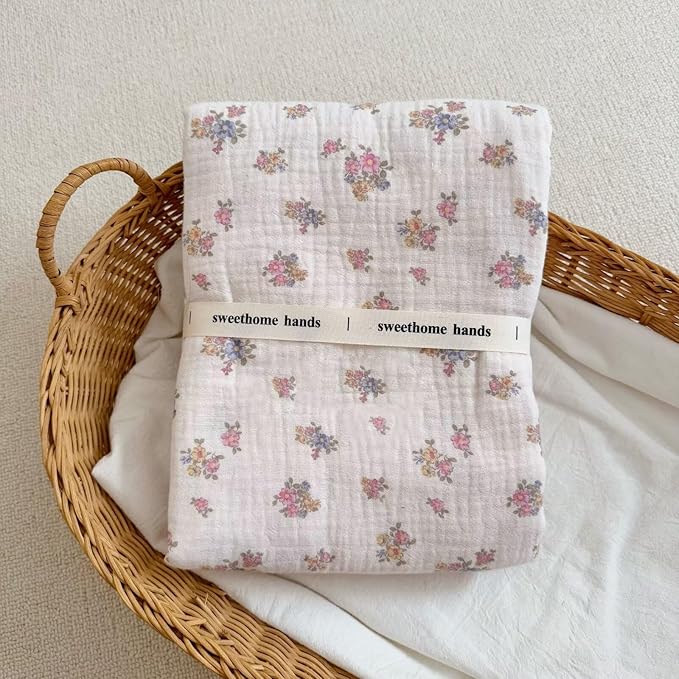 BuLuTu Muslin Cotton Baby Blanket, Tuberose Pattern Crib Blanket 47x51 Inch, Shabby Chic Pink Floral Nursery Blankets for Baby Infant Toddler Girls Boys, Super Soft Lightweight