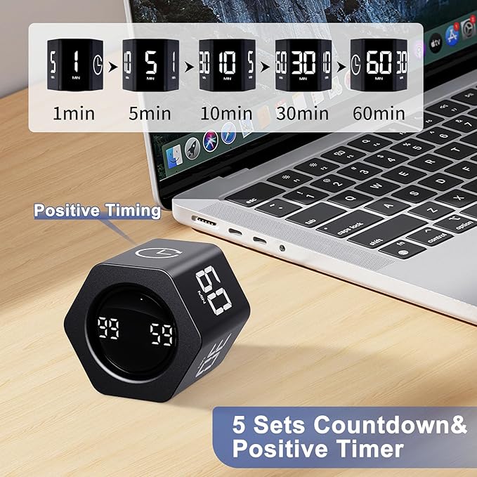 GuDoQi Rotating Pomodoro Timer 1 5 10 30 60 Min Preset, Hexagon ADHD Flip ProductivityTimer Tool Pause, Vibration, Mute, Adjustable Sound Alert for Work, Study, Back to School, Kitchen, Black