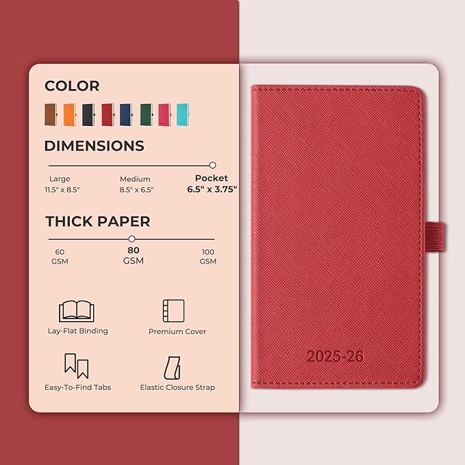 Weekly Monthly 2025-2026 Planner (July 25-Dec 26),6.5"x3.75",18 Months Agenda Plan with Month Tabs & Pocket,Expenses/Note Pages, Academic Calendar with Vegan Leather Cover,Red