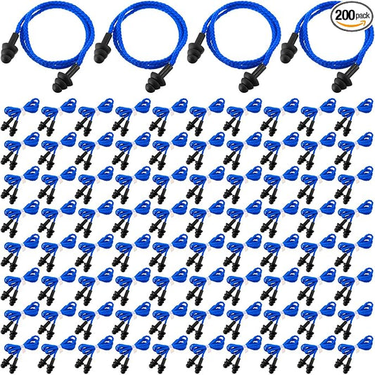 Xuhal 200 Pair Corded Ear Plugs Reusable Silicone Earplugs Individually Wrapped Hearing Protection Sleep Noise Cancelling for Work Construction Shooting Sports Noise Reduction(Blue, Black)