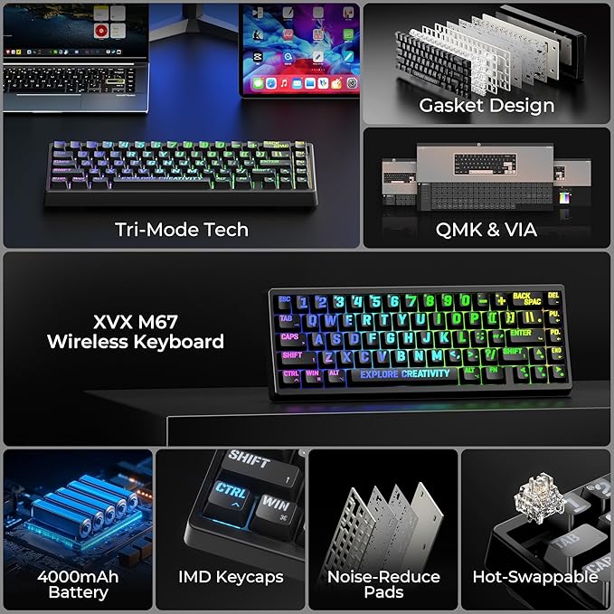 x XVX M67 Wireless 60% Percent Keyboard, QMK/VIA Topographic Gaming Keyboard, Tri-Mode Thocky Creamy Mechanical Key board, Hot Swappable Gasket Mount RGB IMD Tech for Win/Mac, Miami Theme, Black