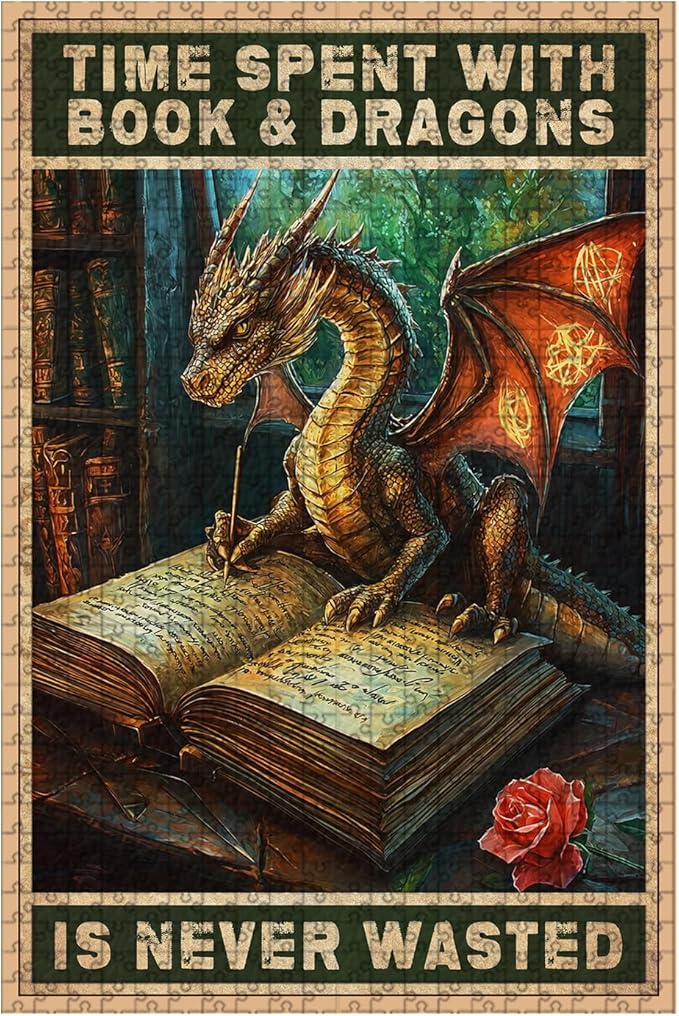 1000 Piece Difficult Wooden Jigsaw Puzzle Spent with Books and Dragons is Never Wasted Adults & Kids Educational Family Game Stress Relief Quiet Play Home Decor 29.5x19.7 Inch